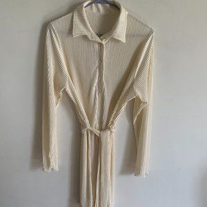 Lyaner Cream Button Down Mini Shirt Dress with Belt Size L